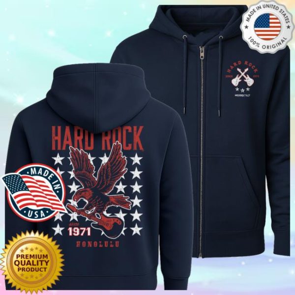 Hard Rock Store Merch Adult Fit American Eagle Guitar Zip-Up  In Navy Hoodie