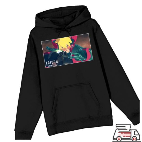 Bioworldmerch Store Trigun Stampede Vash & Logo Long Sleeve Black Adult Hooded Sweatshirt