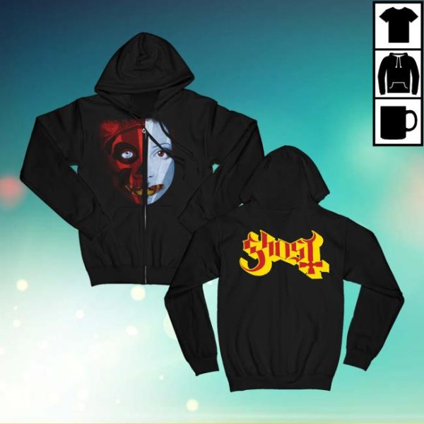Ghost Merch Store Shop Split Face Zip Hoodie