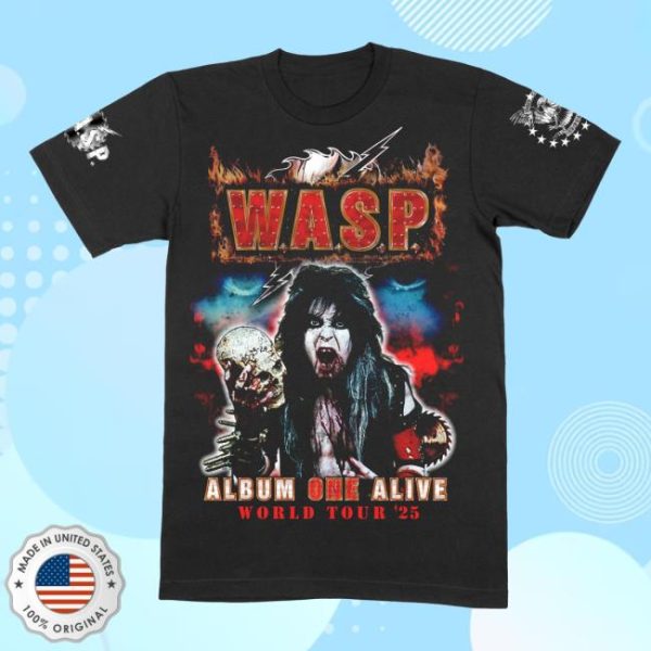 Wasp Mfl Stores Merch Album One Alive Blackie World Tour 2025 Official Black T-Shirt