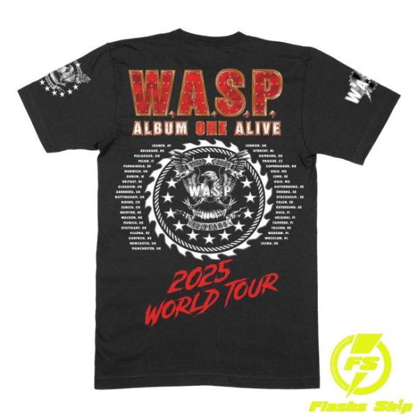 Wasp Mfl Stores Merch Album One Alive Blackie World Tour 2025 Official Black T-Shirt