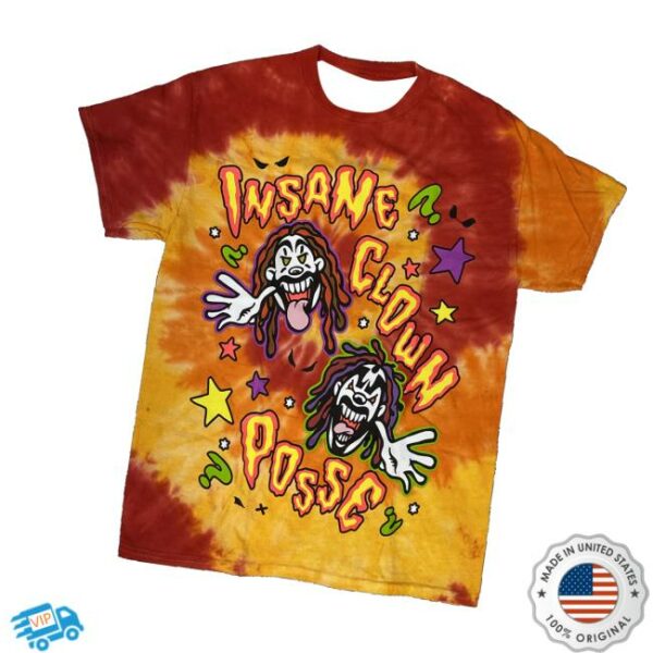 Insane Clown Posse Merch Cartoon Clowns T-Shirt In Tie Dye Red And Orange