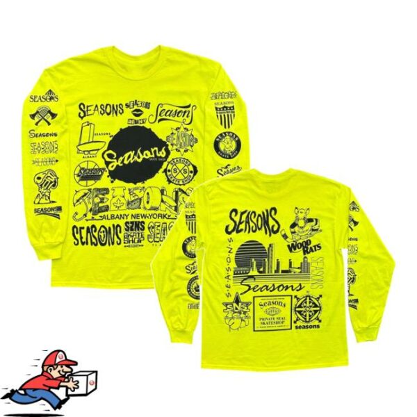 Seasons Skate Shop Merch Seasons Logo Vomit Ls Tee Safety Green