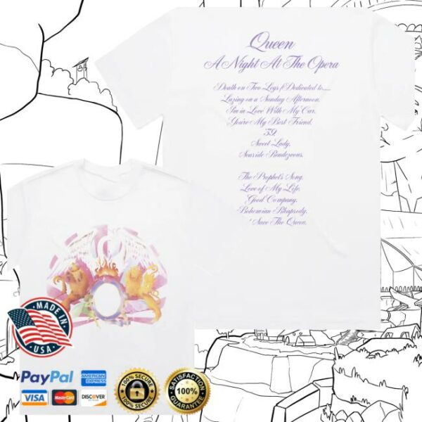 Queen Store Merch A Night At The Opera White Tracklisting T-Shirt