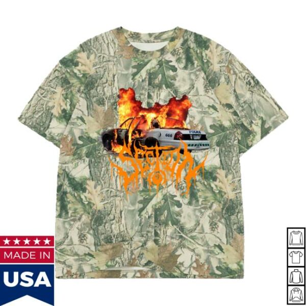 Section 8 Official Merch Store Burning Cop Car 666 Real Tree Shirt