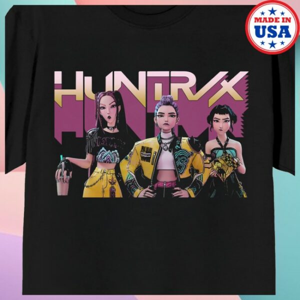 Bioworldmerch Store Kpop Demon Hunters Huntrix Trio On Black Short Sleeve Adult T Shirt