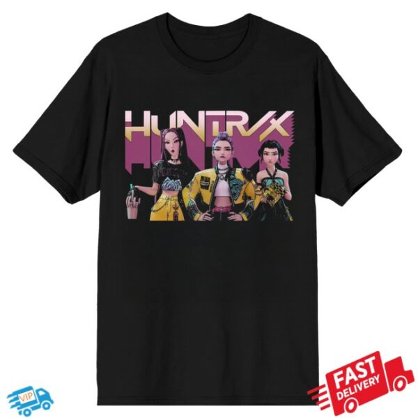 Bioworldmerch Store Kpop Demon Hunters Huntrix Trio On Black Short Sleeve Adult T Shirt