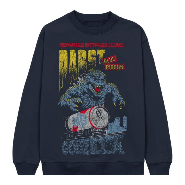 Pabst Blue Ribbon Merch Store Godzilla Runaway Pbr Train Navy Crewneck Pabst Blue Ribbon Merch Store Godzilla Runaway Pbr Train Navy Crewneck