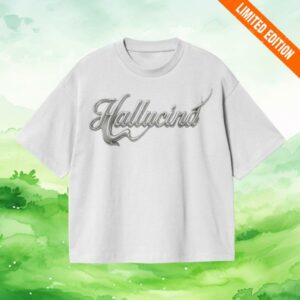 Hallucina Merch Store White Chrome Text T