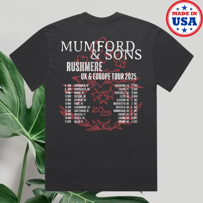 Mumford And Sons Merch Store Black Uk & Eu Tour 2025 Stamp Print T-Shirt Mumford And Sons Merch Store Black Uk & Eu Tour 2025 Stamp Print T-Shirt
