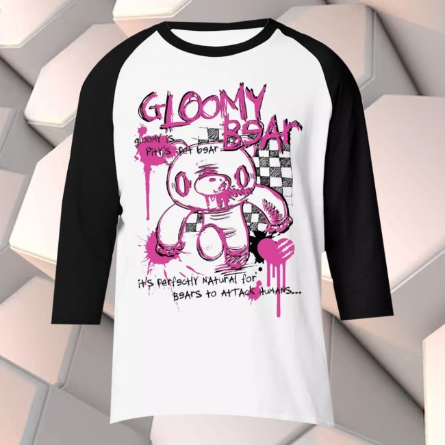 Hot Topic Shop Merch Gloomy Bear Pink Outline Checkered Girls Raglan T-Shirt Hot Topic Shop Merch Gloomy Bear Pink Outline Checkered Girls Raglan T-Shirt