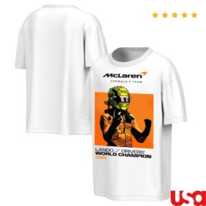 Us F1 Store Merch Lando Norris White Mclaren F1 Team 2025 Drivers’ World Champion Callout T-Shirt