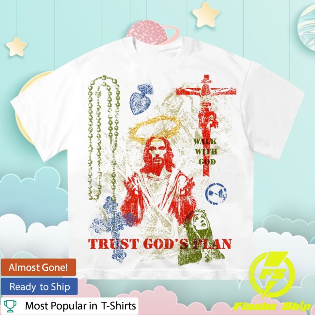 Noissey Store Merch White T-Shirt With Colorful Trust God’s Plan Screen Print Noissey Store Merch White T-Shirt With Colorful Trust God’s Plan Screen Print