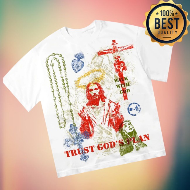 Noissey Store Merch White T-Shirt With Colorful Trust God’s Plan Screen Print Noissey Store Merch White T-Shirt With Colorful Trust God’s Plan Screen Print